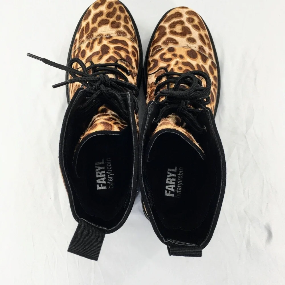 Farylrobin Womens Combat Boot Brown Calf Hair Leopard Print Platform Boot Sz 10 - Picture 8 of 11